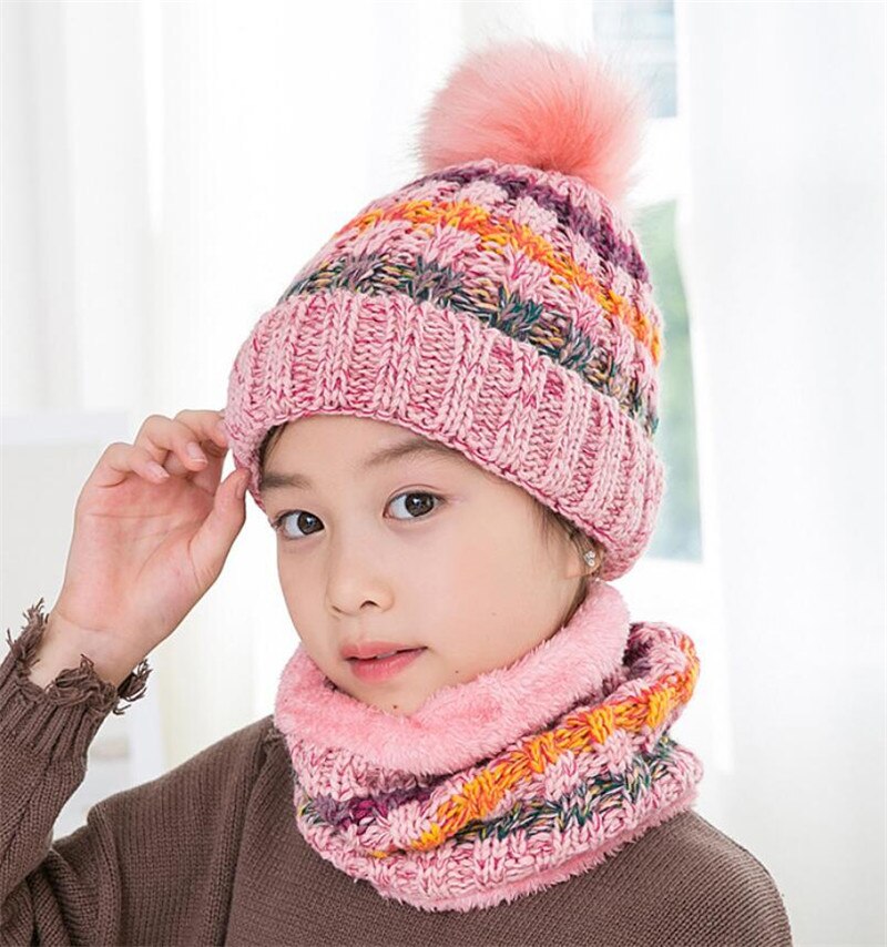 Conjunto de gorro y bufanda de punto para niño y niña, gorro cálido de felpa y anillo, bufanda de colores mezclados, gorro con pompón grande para niño, bufandas de invierno: Rosa
