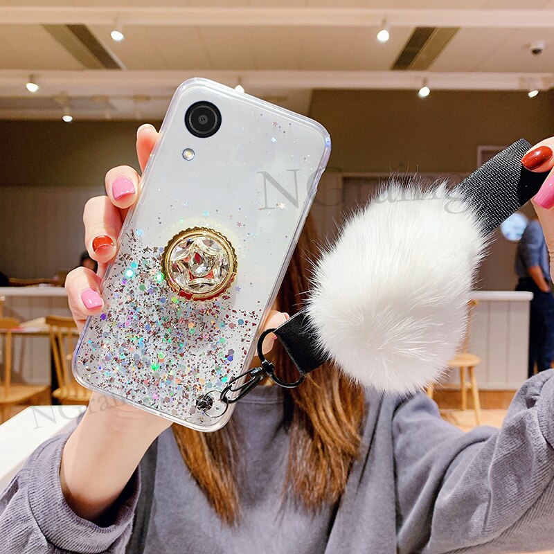 Handphone case for Samsung Galaxy A03 Core soft tpu Luxury Rhinestone Ring Holder Hariball With strap: Clear