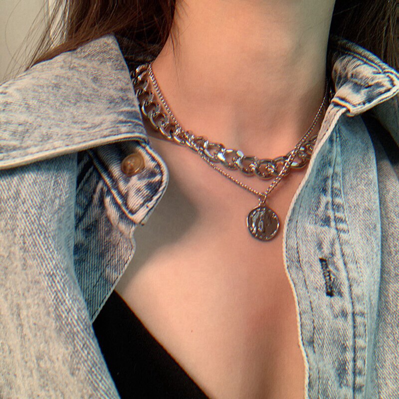 VKME Retro Coin Silver Gold Chain Necklace For Women Multi-layer Geometric Round Pendant Silver Choker Necklaces Jewelry