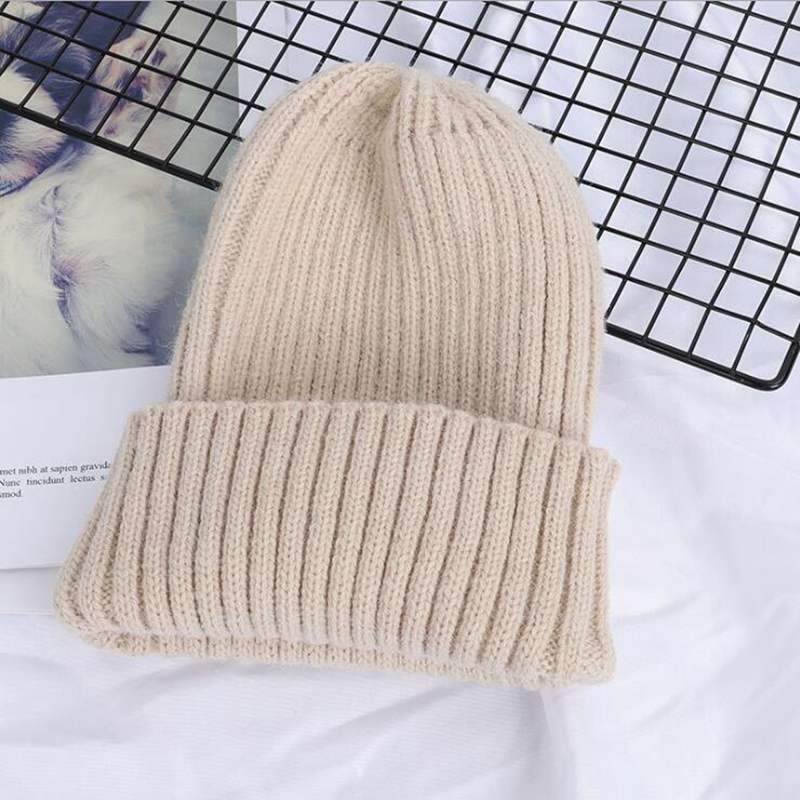 Winter Women Beanies Solid Color Soft Cotton Elastic Knitted Women Hat Girls Bonnet Female Cap: style 1 beige