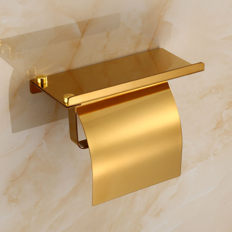Toiletpapirholder med telefonhylde rustfrit stålrulleholder med låg vægmonteret tilbehør til badeværelset: Guld