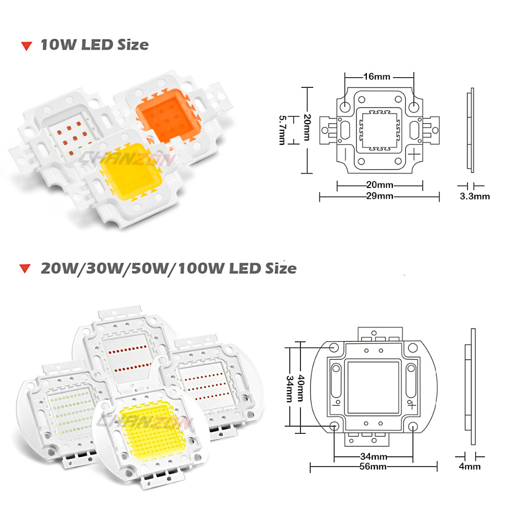 CHANZON 1pc Chip LED de alta potencia 10W 20W 30W 50W 100W blanco frío Natural cálido rojo verde azul amarillo RGB 440NM 660NM espectro completo
