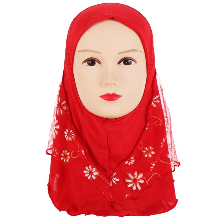 Children Kids Muslim Small Girl Hijab With Lace Flower Pattern Islamic Scarf Shawls Stretch 56cm 7-11 Years Old: H