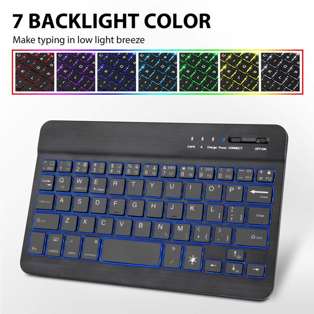 Bluetooth-Tastatur, kabellos, 7-farbige Tastatur mit Hintergrundbeleuchtung für Tablette, Laptop, wiederaufladbar, Arabisch, Russisch, Spanisch, Portugiesisch
