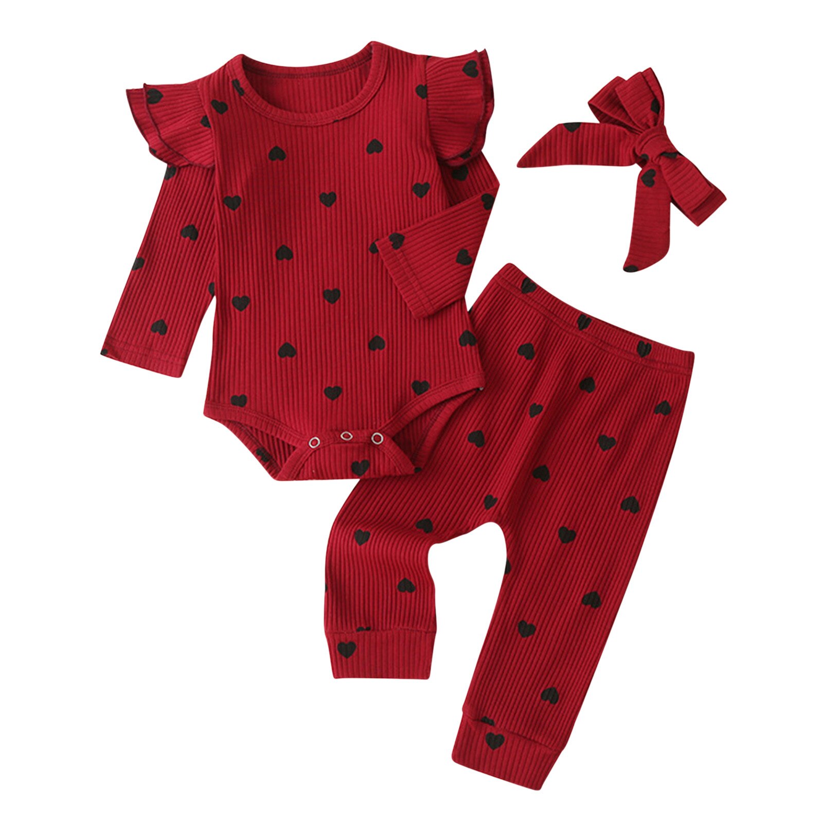 Kids Baby Kleding Meisjes Sets Peuter Kids Baby Meisjes Hart Print Solid Ruffle Romper + Broek + Hoofdbanden Outfits Комплекты одежды: Red / 0-6 Months