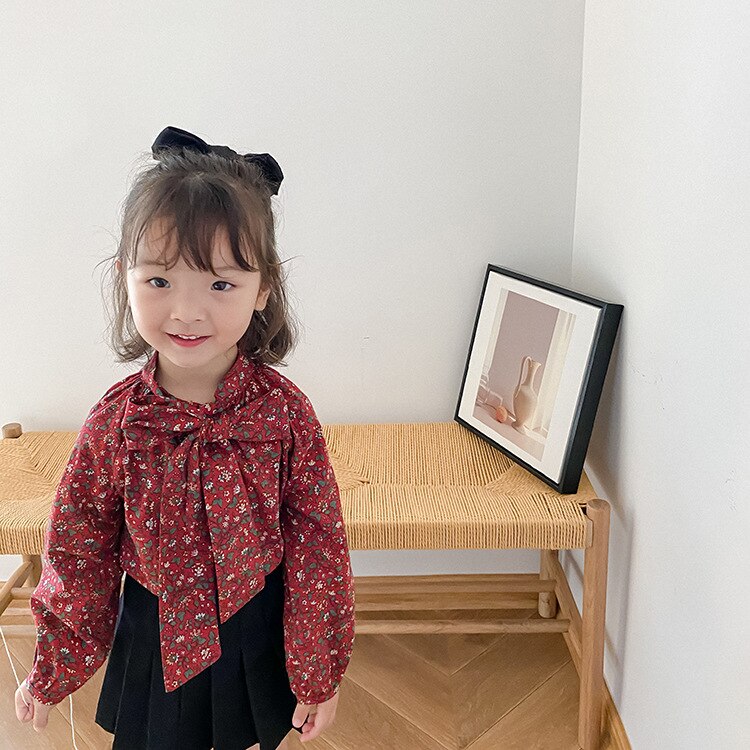 Herfst Schattige Meisjes Casual Bloemen Strik Frenal Mode Shirts Pastorale Stijl Lange Mouwen