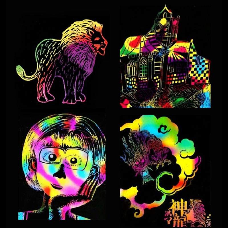 Scratch Art Set, 50 Piece Rainbow Magic Scratch Paper for Kids Black Scratch Off Art Notes Boards with 5 Wooden Stylus f