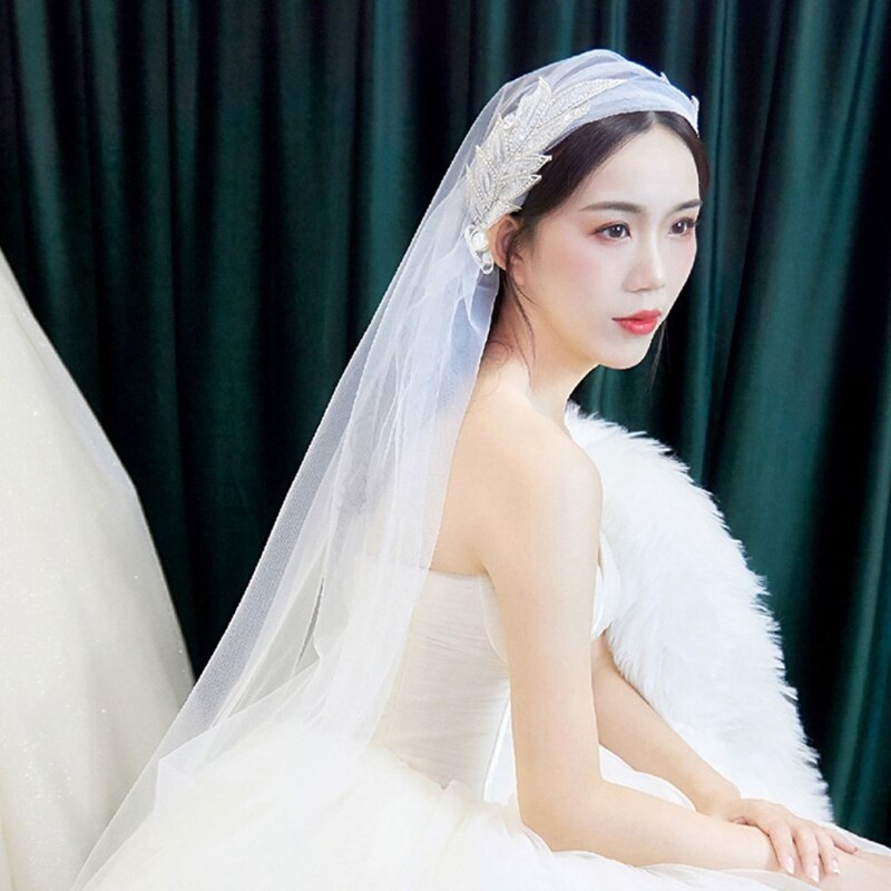 Frauen Spitze Perlen Kurze Hochzeit Schleier Kathedrale Elfenbein Braut Kopfschmuck Braut Ehe Zubehör