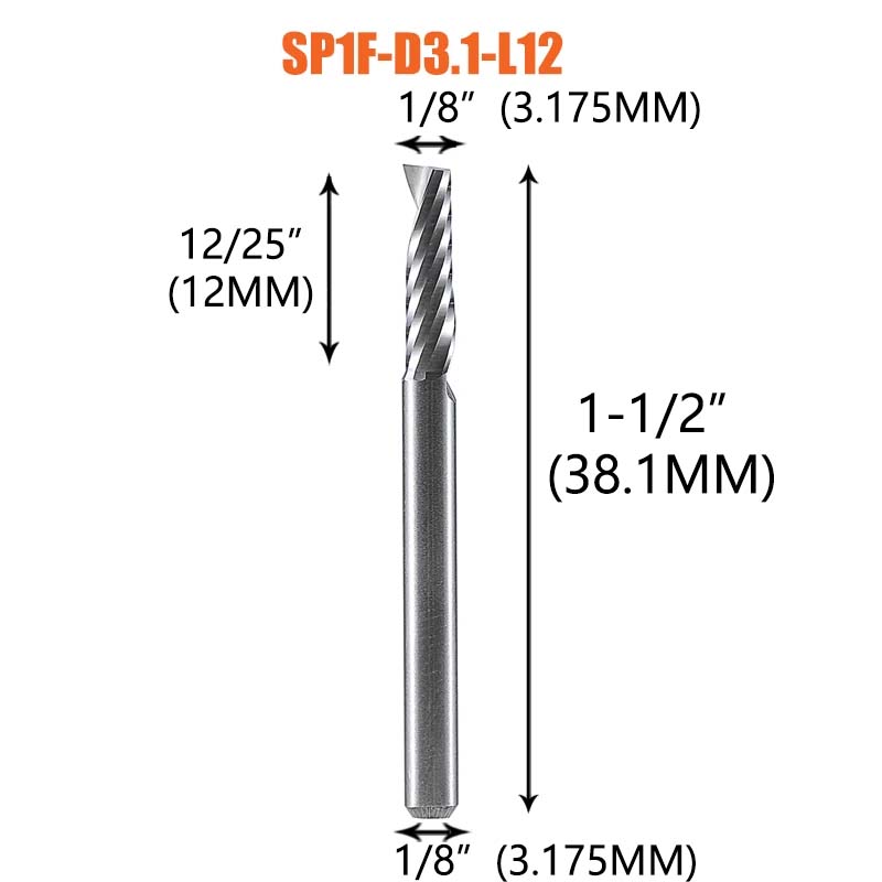 Dreanique 1pc Single Flute Spiral End Mill 1/8 1/4Inch Shank CNC Carbide Aluminum Inch Size Cutter for woodworking Acrylic ACM: 28mm