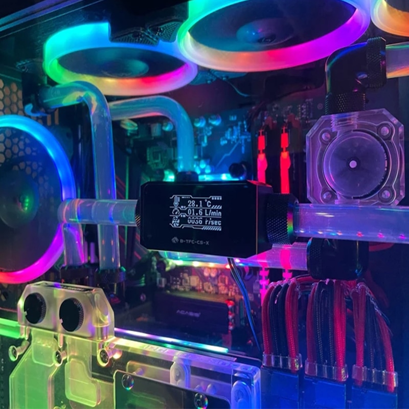 Bykski B-TFC-CS-X,PC Liquid Cooler Flowmeter Thermometer,Flow+Flow Rate+Temper 3 In 1 Water Cooling Monitor Digital OLED Display
