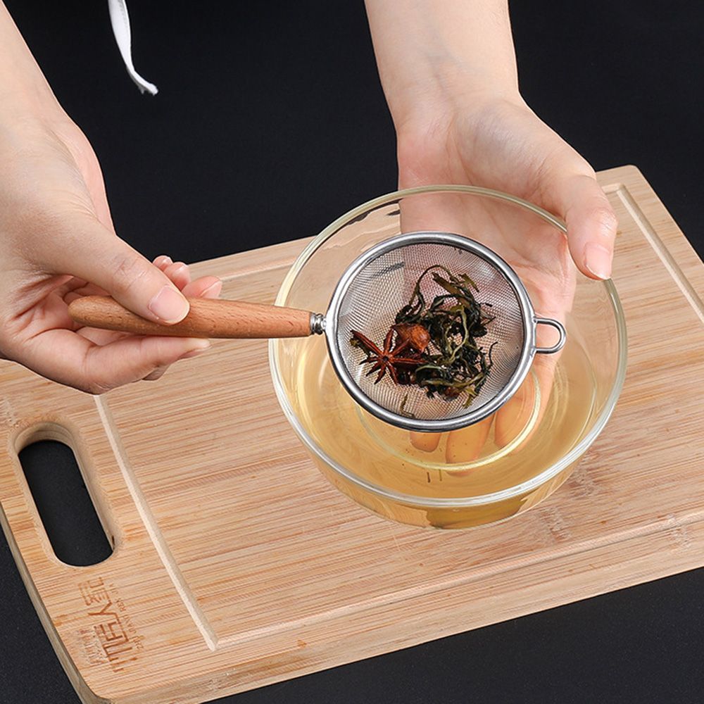 Wooden Grain Handle Stainless Steel Colander Multi-function Filter Mesh Sieve Heat Insulation Oil Grid Pot Spoon Flour Sieve