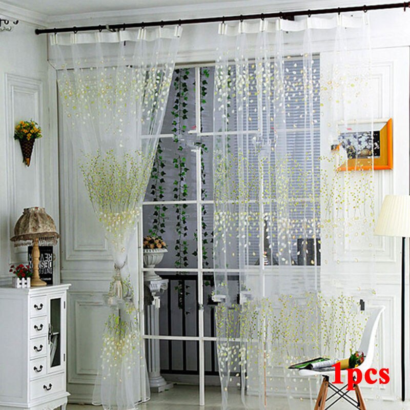 Wear Rods Voile Window Curtain For Children Room Living Room Curtain Floral Pattern Sheer Voile Panel Drapes Curtains: white