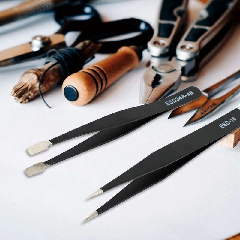 Precision Tweezer Set,10 Pack ESD Tweezers Set Stainless Steel Long Tweezers with Curved,Pointed,Slanted Tips