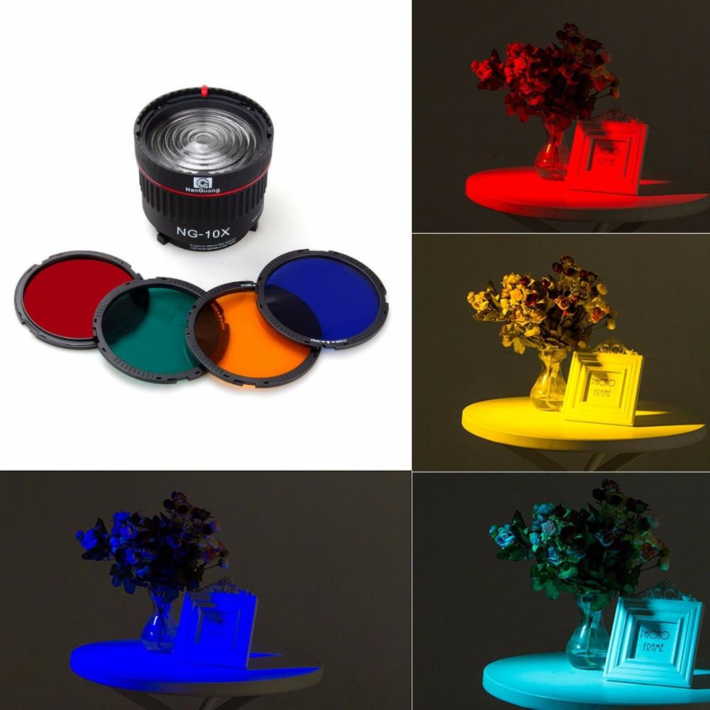 Nangmei NG-10X lente de foco com 4 filtros coloridos, montagem de bowens para flash e acessórios fotográficos com luz de led