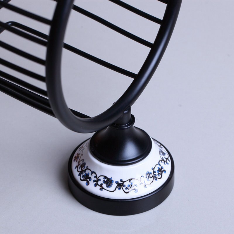 JIENI Wall Mounted Black Brass Bathroom Paper Basket Ceramic handle Bath Shower Shelf Oval Basket Holder Building Material
