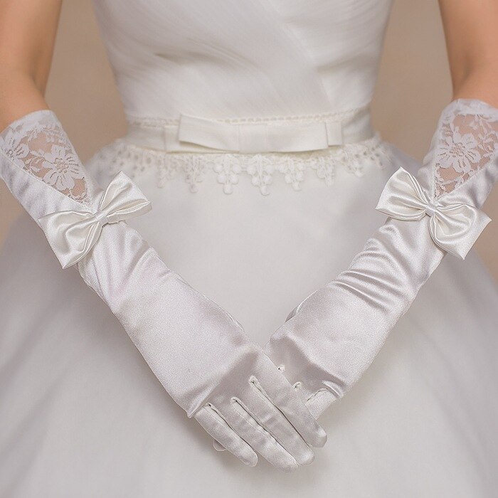Long Satin Gloves For Wedding Lace Appliques Wedding Gloves For Bride Princess Gloves For Wending Accesories Bride