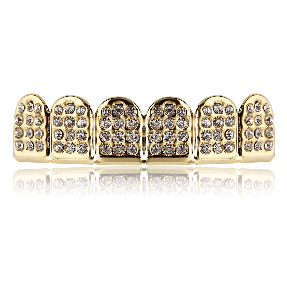 GUCY Hip Hop Gold Teeth Grills Top &Bottom Iced Out Bling Grillz Dental Shiny Mouth Teeth Caps Party Vampire Tooth Jewelry Party