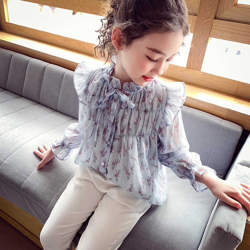Chemisiers en coton à manches trompette pour filles, Long, évasé, en mousseline de soie, Style coréen, imprimé Floral, vêtements pour enfants, T69: BLEU CIEL / 10