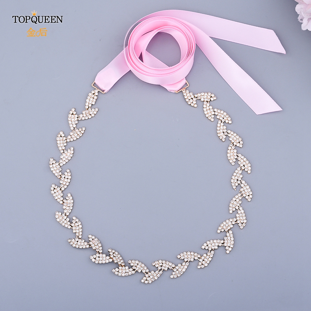 TOPQUEEN S198-G złoty pasek robić sukni ślubnej błyszczące stopu kryształ górski liście skrzydła kobiety diament akcesoria ślubne dla nowożeńców impreza pas: różowy faborek