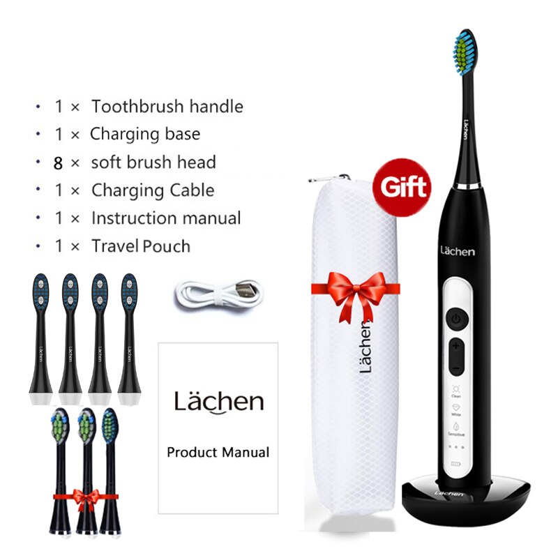 Lachen T8B Powerful Sonic Electric Toothbrush 9 Modes Rechargeable Adult Tooth Brush 2 Min Timer Toothbrushing w/ Charging Base: Black add 4 Heads
