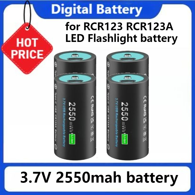Batteria ricaricabile CR123A CR123 16mmX35mm con ingresso USB per torcia portato RCR123 RCR123A Batteria 3,7 V 2550 mAh