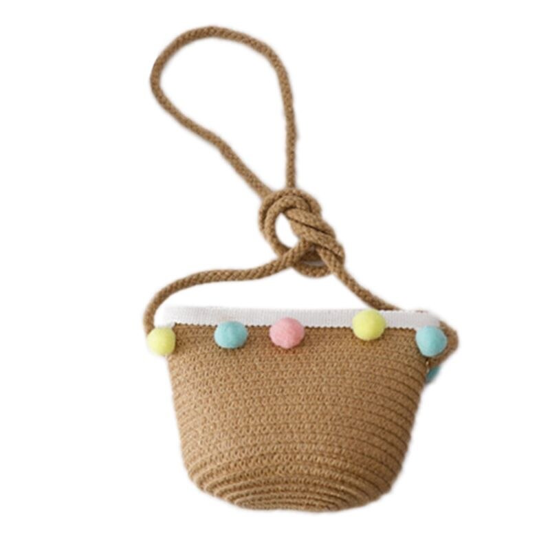 Kids Girls Large Wide Brim Straw Woven Sun Protection Beach Hat Colorful Pompom Ball Summer Floppy Bucket Cap Portable Handbag: G