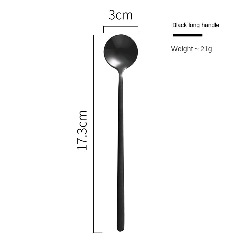 Small Spoon Coffee Spoon for Yogurt Ice Cream Dessert Long Handled Spoon Cutlery Kitchen Tainless Steel Round Teaspoon: Black - L