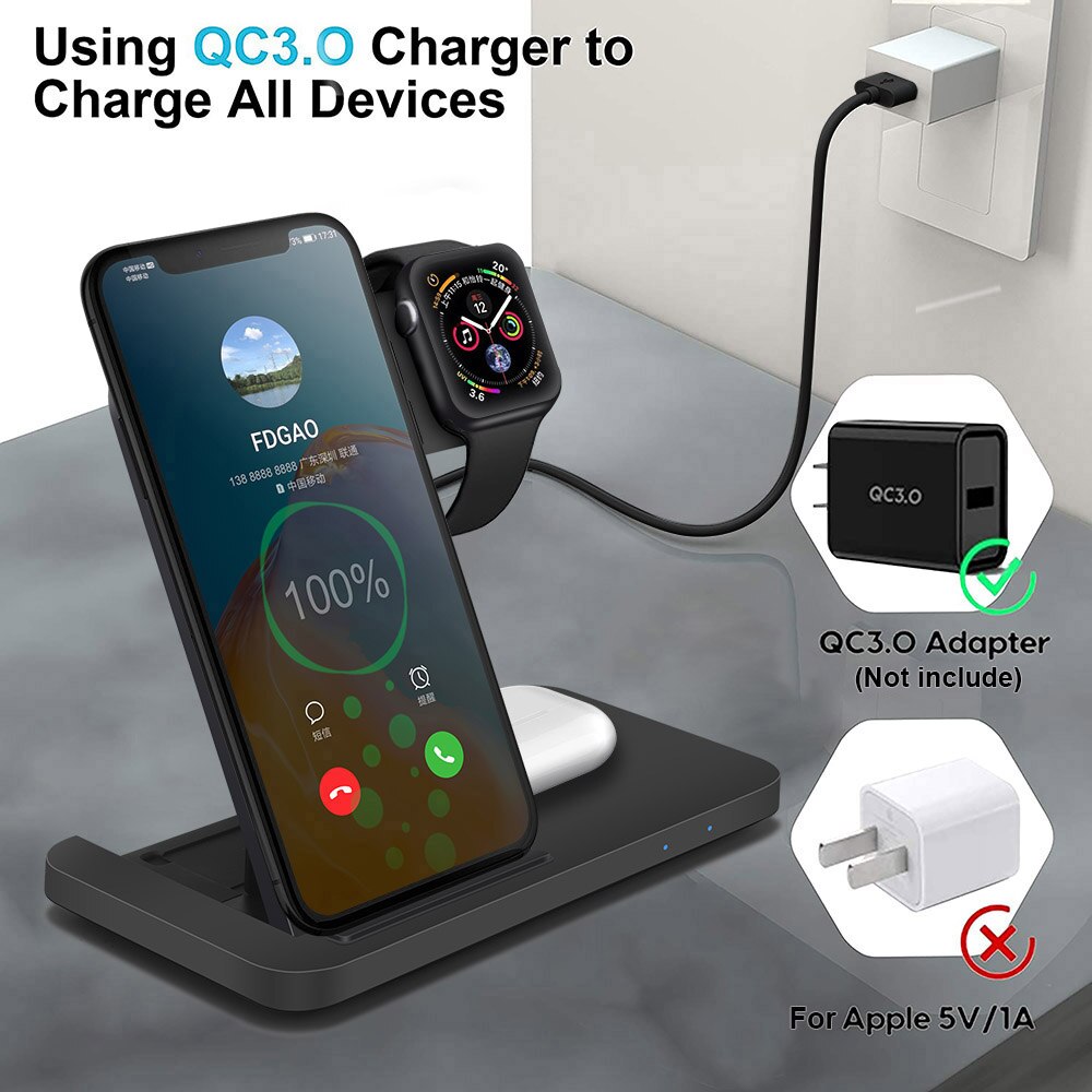 15W Qi Draadloze Oplader Voor Iphone 11 Xs Xr X 8 Samsung S10 S20 3 In 1 Opladen Dock station Voor Apple Horloge 6 5 4 3 Airpods Pro