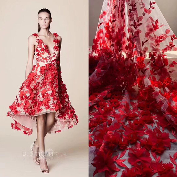 1 verftet fersken rosa 3d blondere stoff med 3d chiffong blomster, fransk haute couture, håndlaget kraftig blond stoff med blomster: Rød