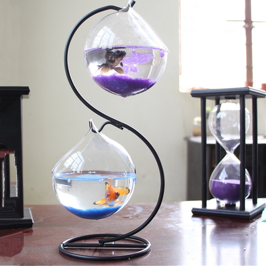 Mini Desktop Fish Tank Ornament Hanging Display Rack Aquarium Plant Pot With Metal Stand Home Decor Garden Supplies