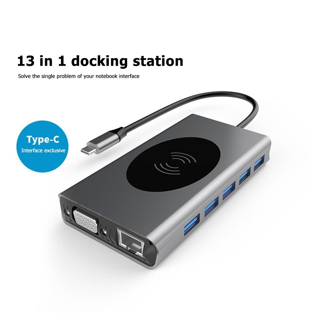 13 In 1 USB-C Naar Hdmi/Vga/Pd/Usb 3.0 Hub Draadloze Snelle Opladen Dock Station
