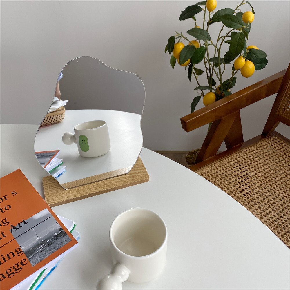 Espejo de maquillaje Irregular acrílico en forma de estrella, Base de madera, utensilios de espejos para mesa, baño y viaje