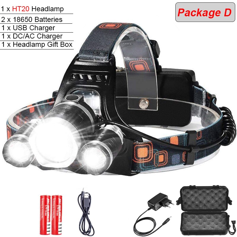 8000 Lumens 5 Led Headlamp XML T6 Head Lamp Powerful Led Headlight, with 18650 battery Flashlight Head Lights for Hiking: Package D