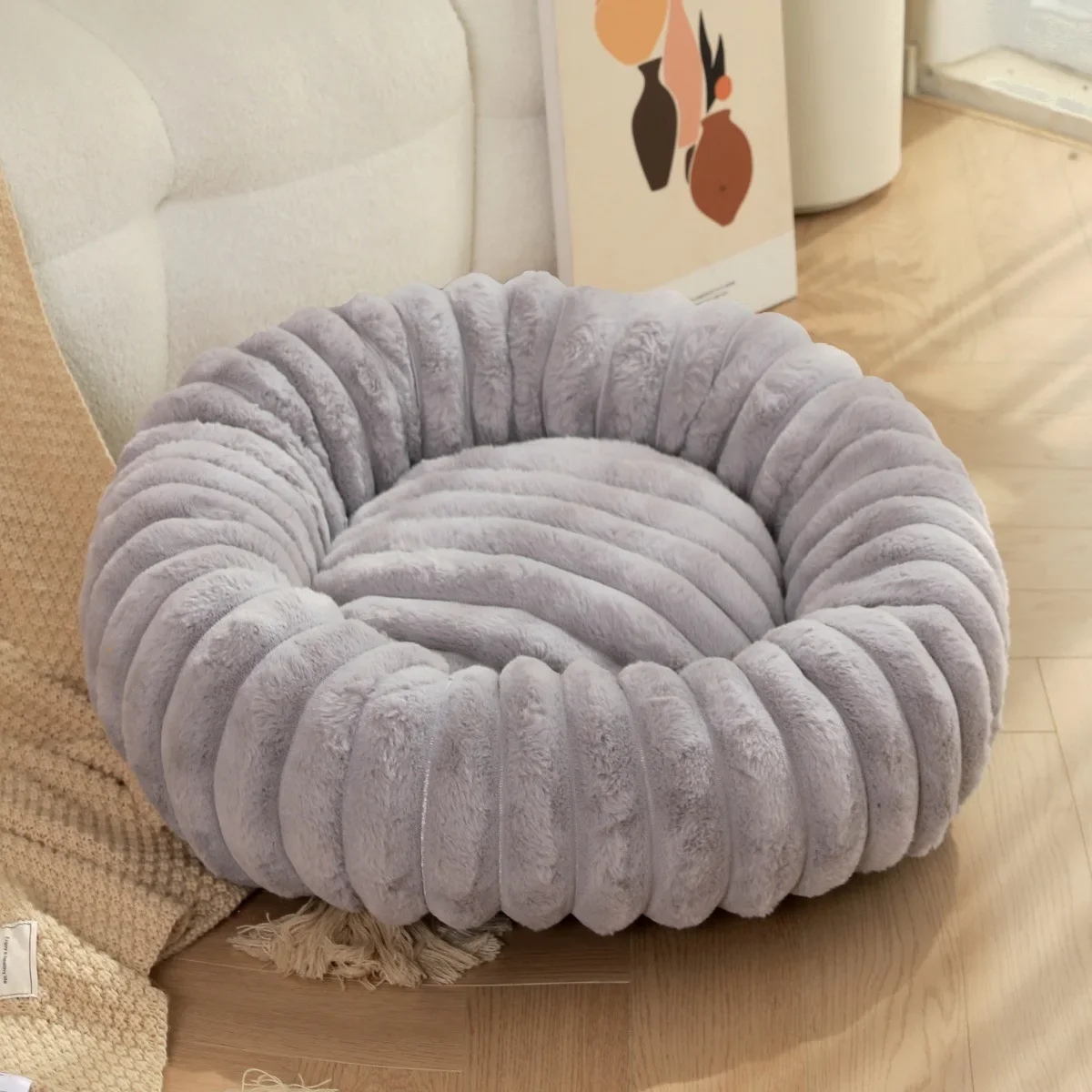 Perrera para mascotas de invierno, conejo redondo, relleno de felpa, suave, cómoda y cálida, colchón para perros y gatos de Color sólido a la , almohadilla para mascotas: M / Gris