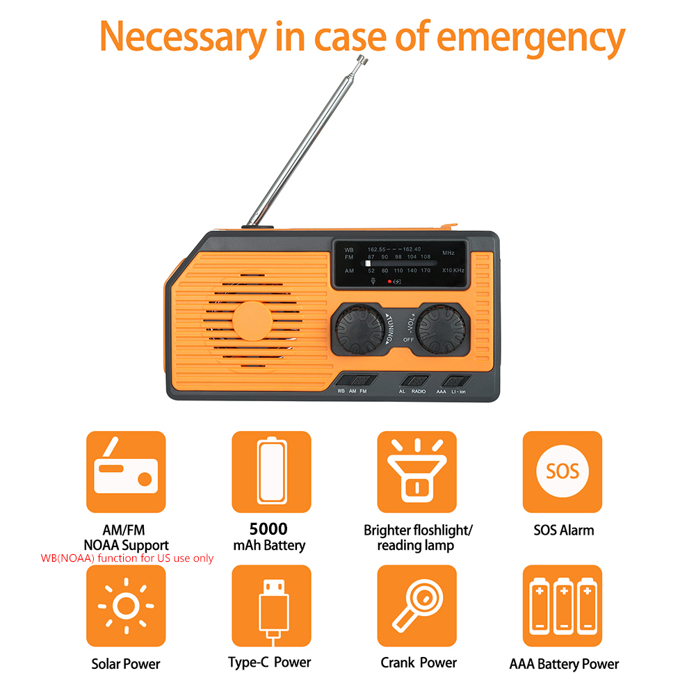 AM/FM Solar Radio Hand Crank Radio WB NOAA Emergency Radio with LED Flashlight Power Reading Lamp SOS Alarm Radio