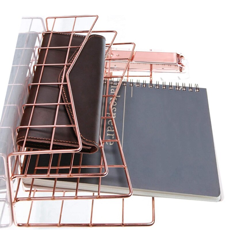 Letter Holder Business Office File Tray Metal Rose Gold Mail Envelope Vertical Organizer 3 Layer Hollow Out Rack