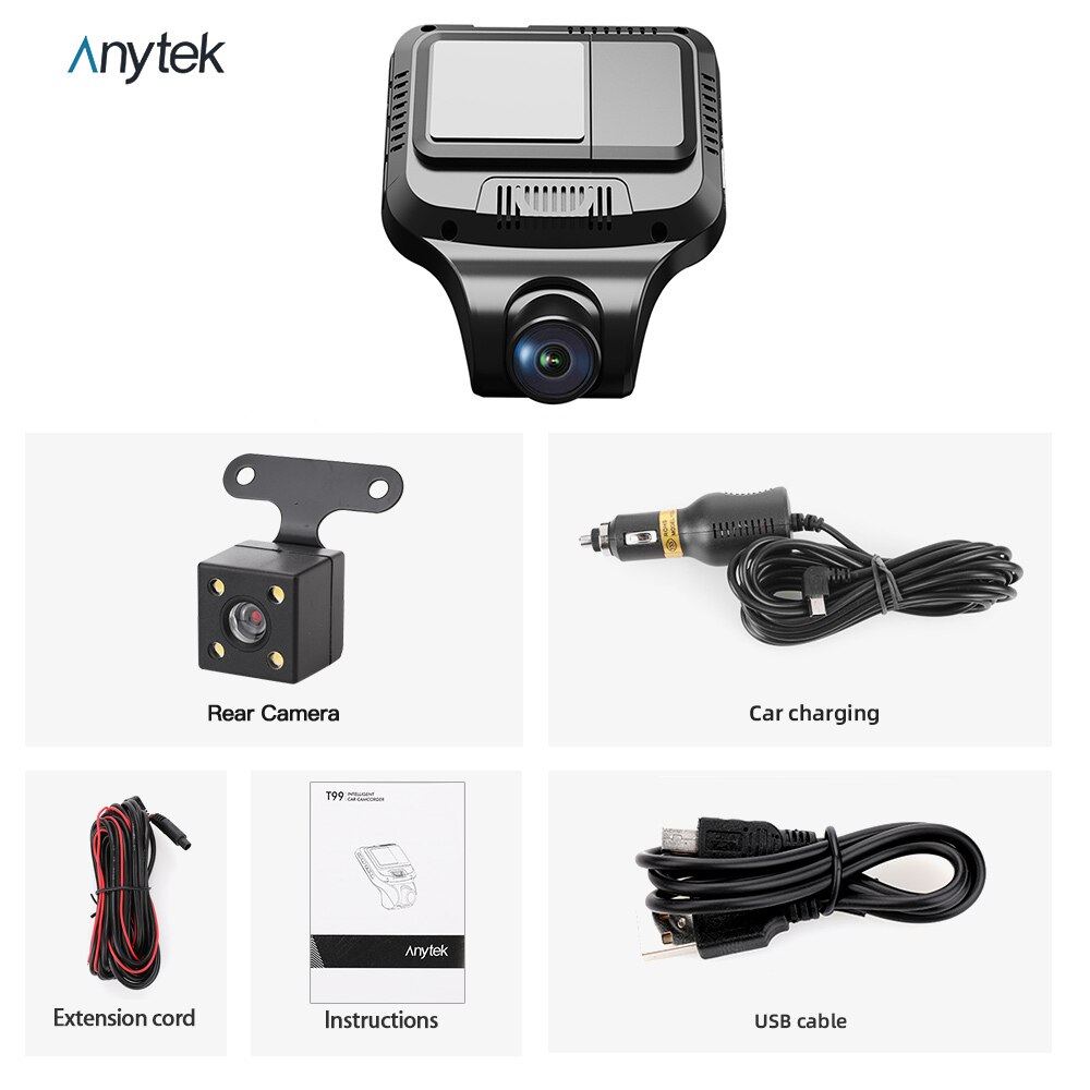 Anytek T99 Driving Recorder 1080P HD 2.45Inch Night vision Loop Recording IPS Screen Dash Dual Camera Reversing Image DVR Camera: Anytek / 16G
