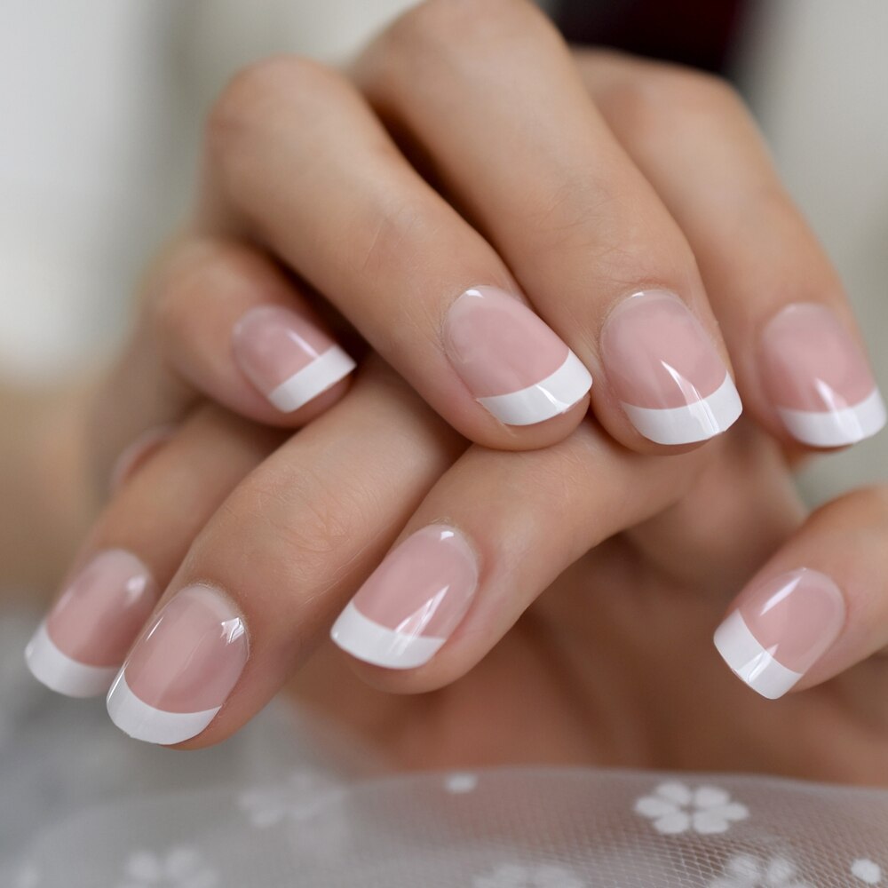 White V Shape French Nails Medium Stiletto Press On Nails Natural Color Predesigned Tips with Glue Sticker: L5607