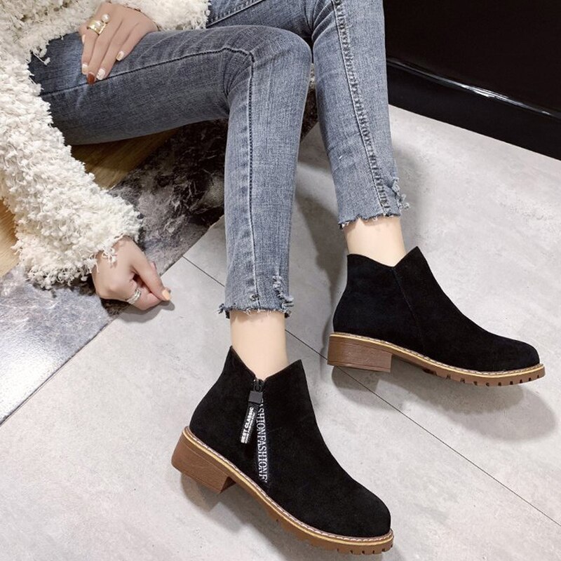 1 Pair Women Lady Ankle Boots Square Heel Side Zipper Round Toe Casual Shoes