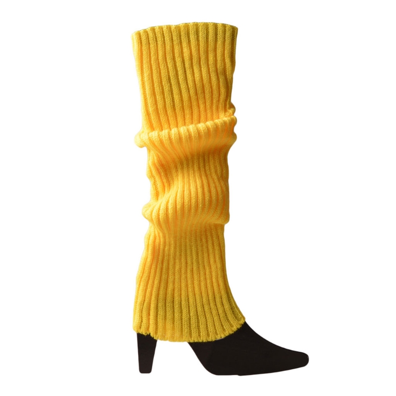 Women 80s Fluorescent Neon Colored Knit Leg Warmers Ribbed Crochet Bright Footless Socks Stockings Halloween Dance Party: Yellow