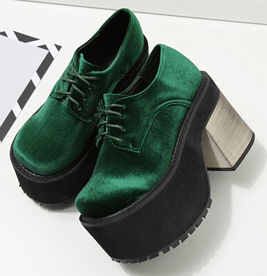Sammet punk rock plattform klack skor kvinnor ankel boots tjocka klackar svart vin röd gröna skor: Grön 6286 / 8