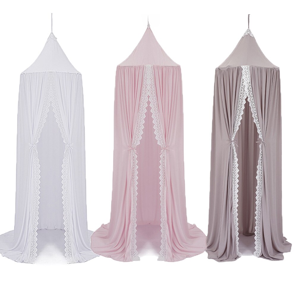 Auvent de lit rond rose blanc/gris, rideau de berceau pour bébé fille, avec dentelle, tente de jeu pour enfants, dôme suspendu, chambre d&#39;enfant