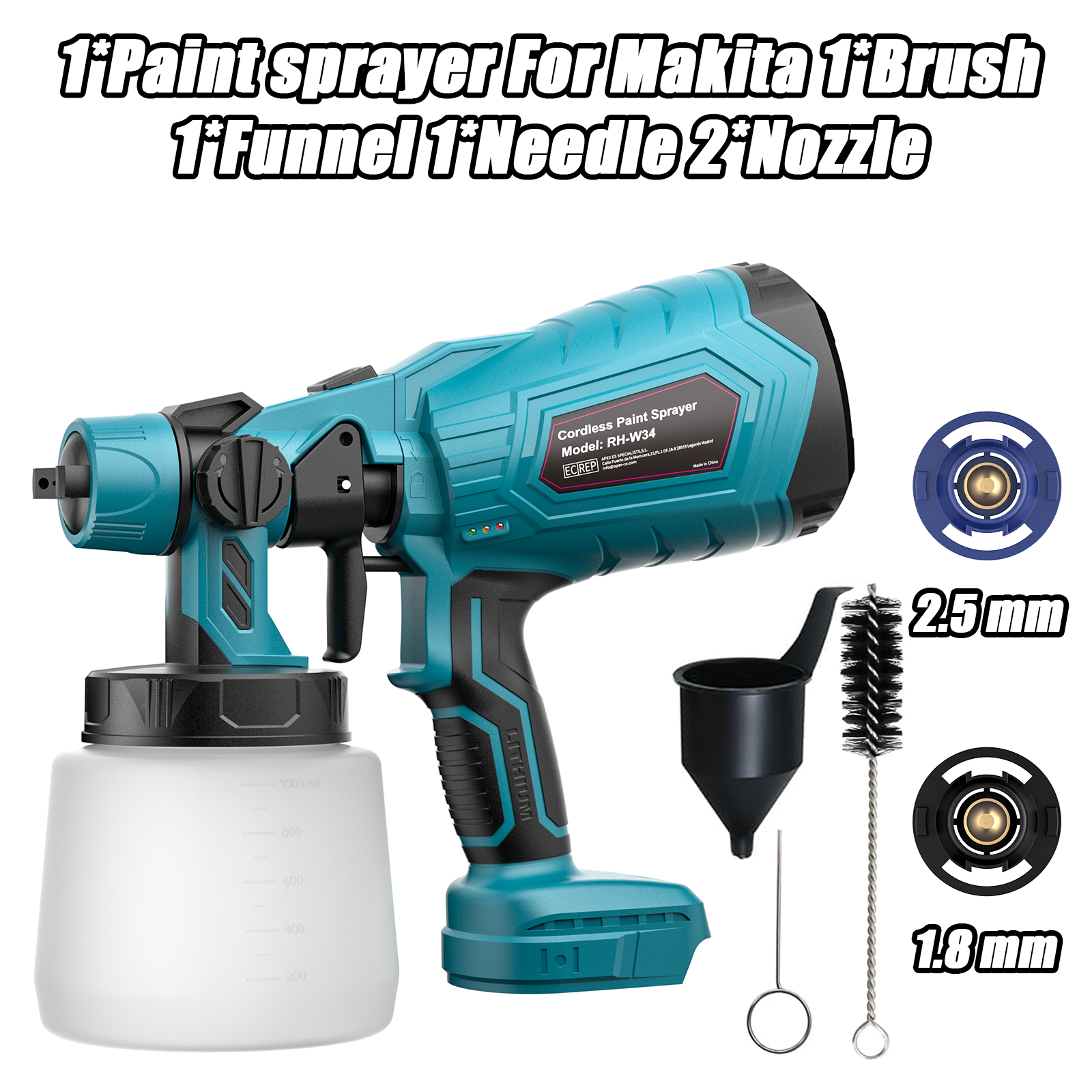 Elektrisk sprøytepistol for makita  bl1830, 18v batterier, 1l trådløse, bærbare sprøytepistoler, sett med bilmøbler, sprøyteverktøy for maling: Default Title