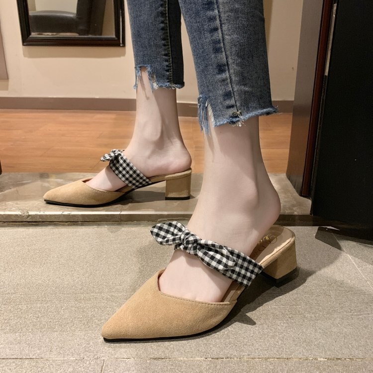 Kvinnor tip chunky-heel skor koreanska högklackat tå sandaler dam söt rosett tjock klack tofflor sommar aprikos skor
