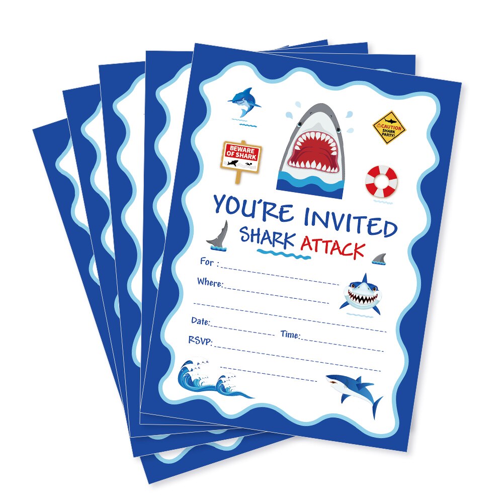 Cartoon Shark Birthday Party Invitations Cards Blue Sea Theme Invitation Kids Happy Birthday Party Favor Decorations ZZ008