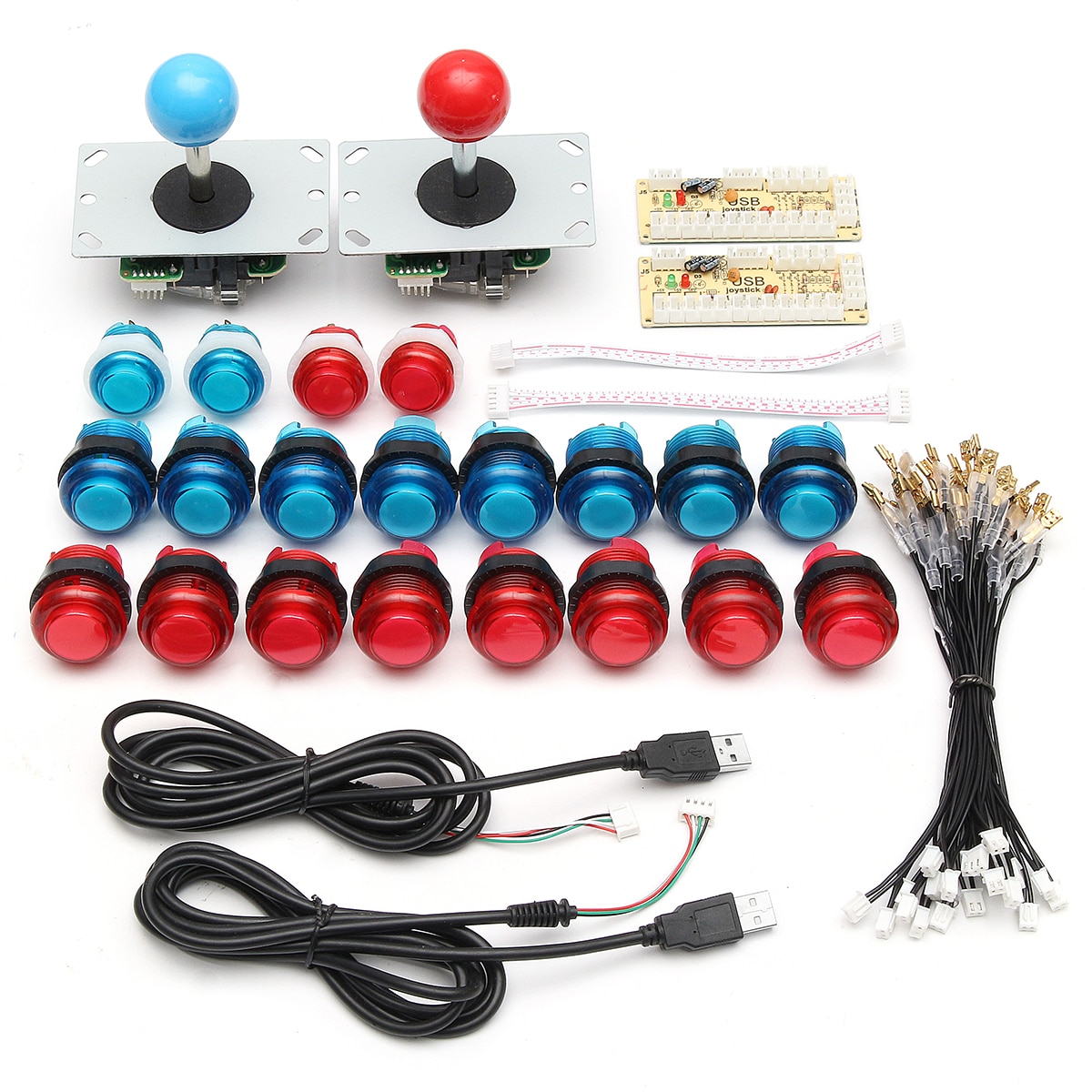 Diy Joystick Arcade Kits 2 Spelers Met 20 Led Arcade Knoppen + 2 Joysticks + 2 Usb Encoder Kit + kabels Arcade Game Onderdelen Set