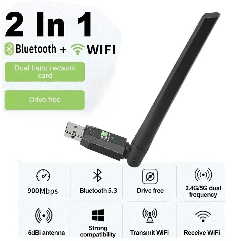Ax900 usb wifi 6 bluetooth 5.4 adapter 2 in 1 dongle dual band 2,4g & 5 ghz antenna usb network wireless wlan receiver for windows 10/11: Black