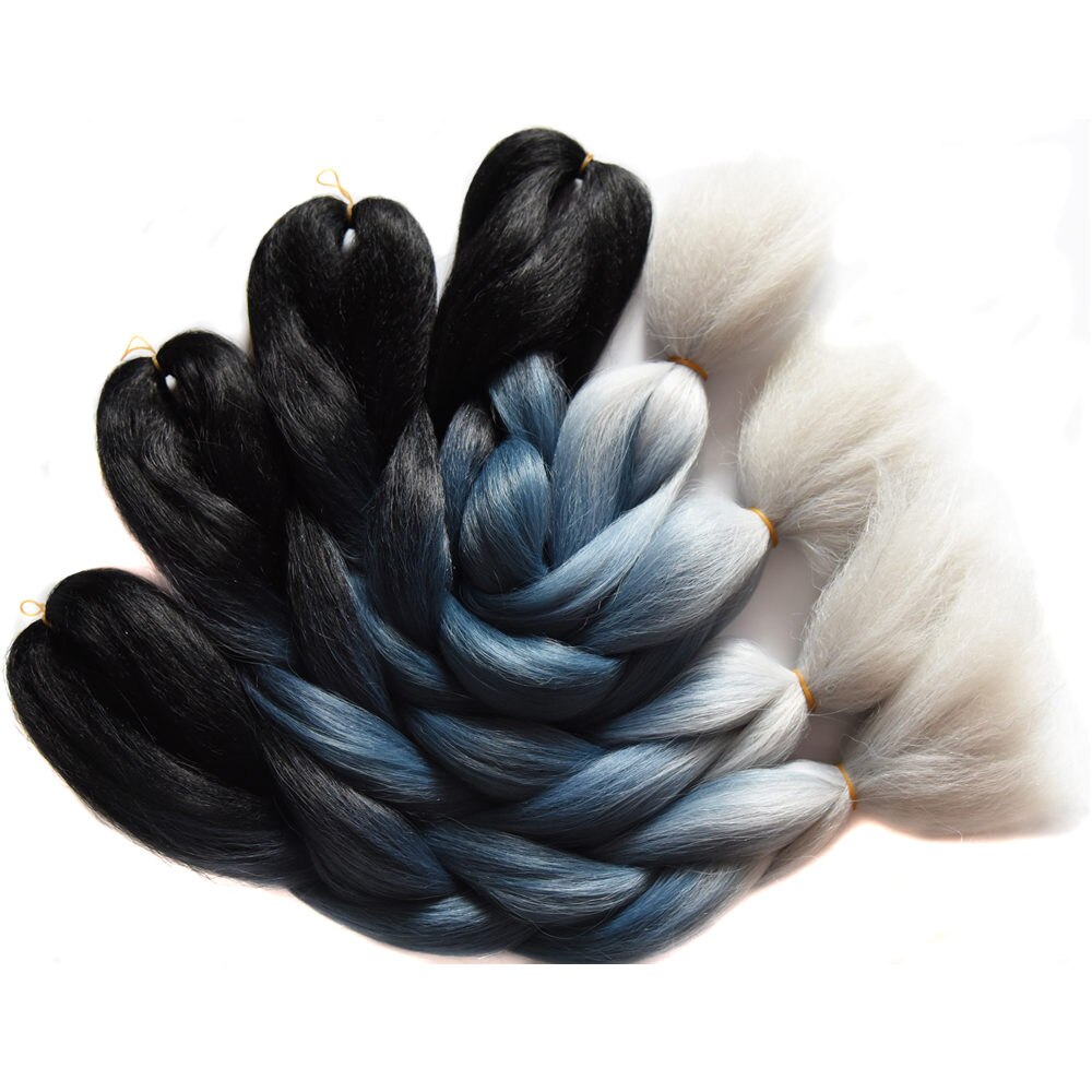 Sallyhair 24inch Ombre 3 Tone Black Purple Silver Grey Color Synthetic Braiding Hair Extension Colored Bulk Hair: T1/35