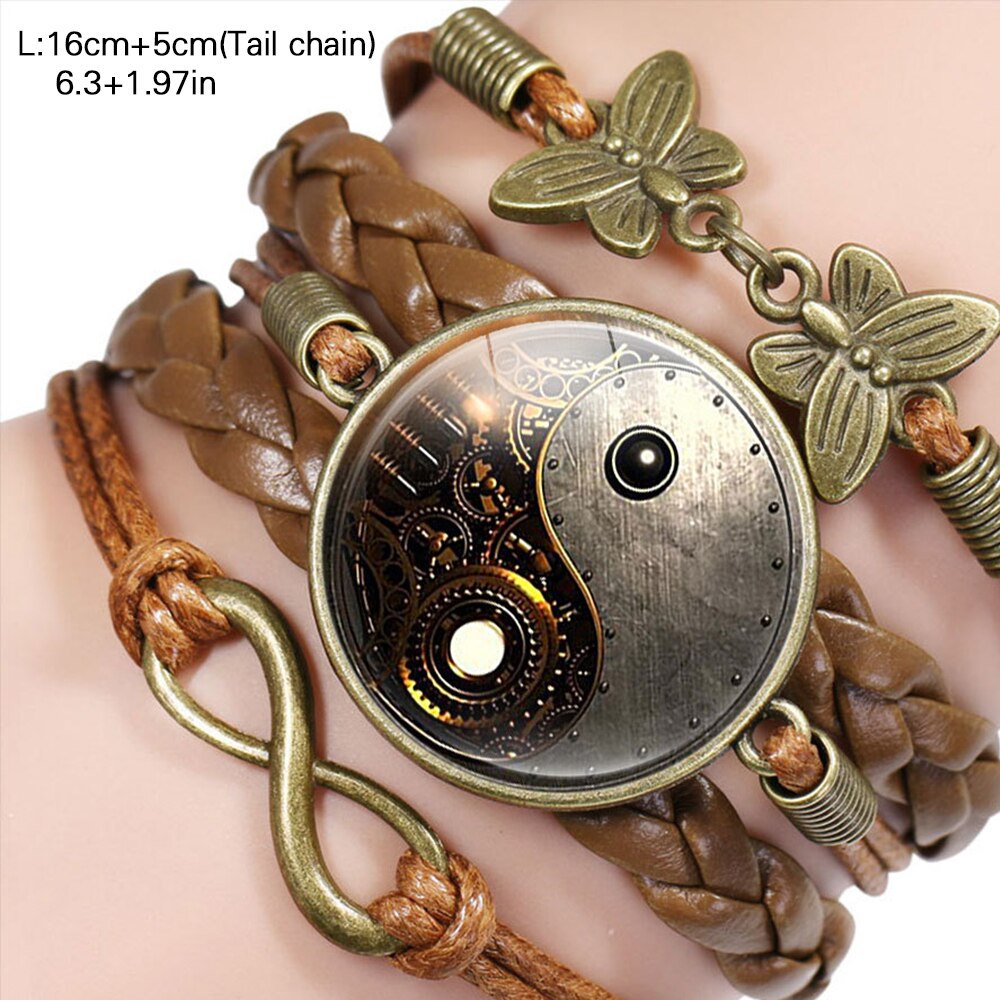 Tai Chi Decor PU Bracelet Yin-Yang Tai Ji Multi-Layer Alloy Wrist Jewelry Knitting Rope Adjustable Length for Men Women AUG889