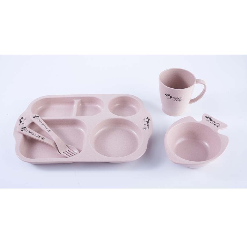5Pcs Child Tableware Wheat Straw Sange Snack Tray with Spoon Fork Cup Skid Platter Tableware Baby Eating Supplies Beautiful Tray: Pink Square Set